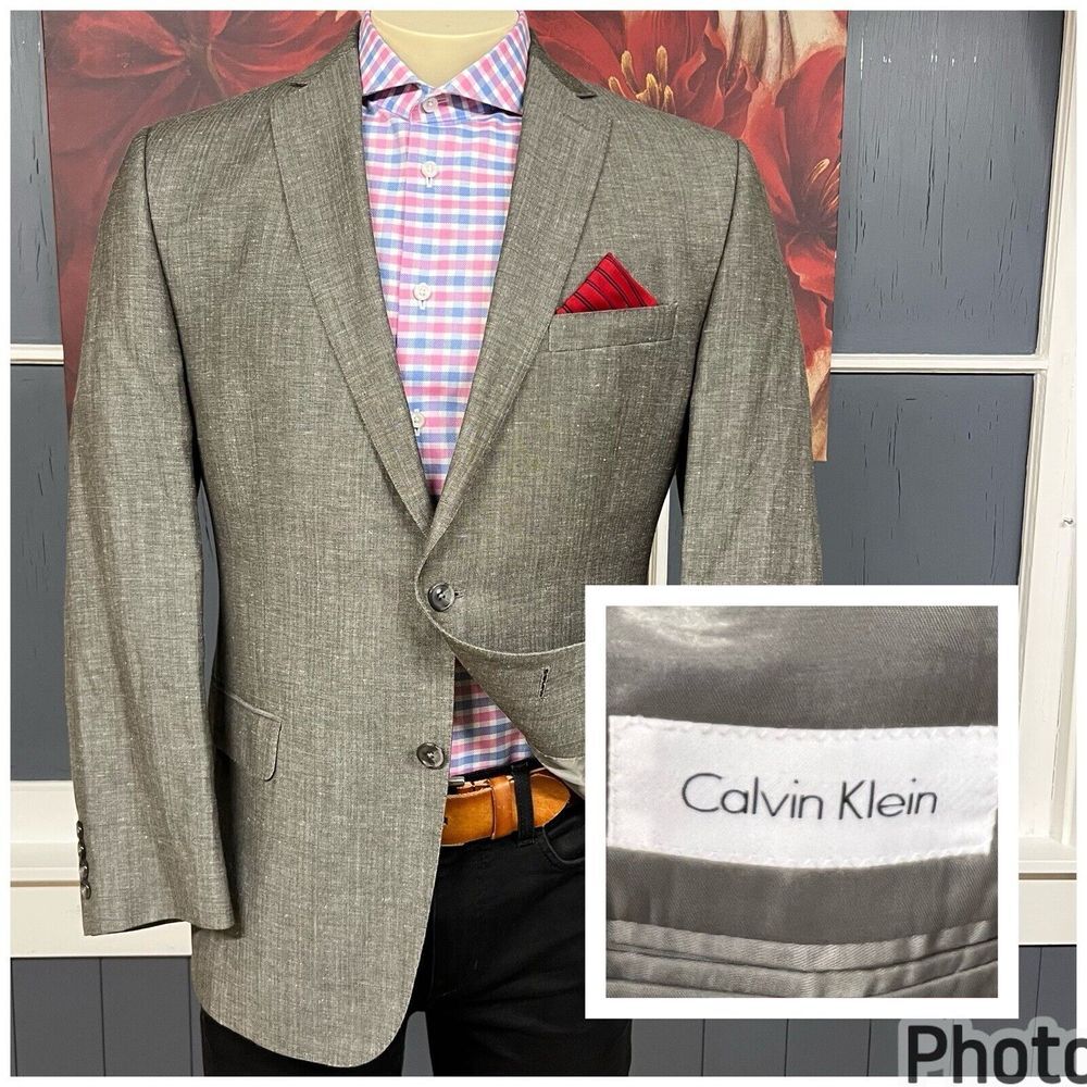 Calvin Klein Suit Jacket Blazer Sport Coat Mens 40R Linen Blend Heather Gray‎